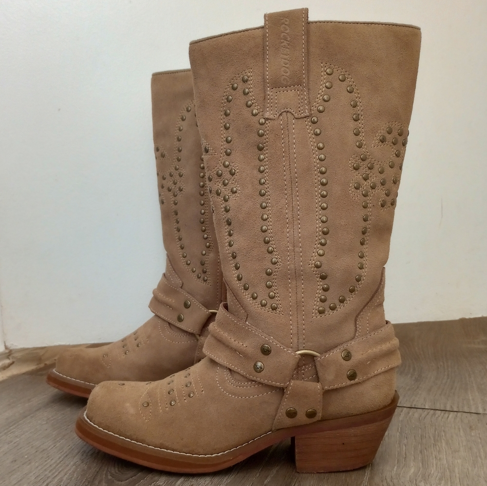 Women's Rocketdog Suede Leather Studded Motorcycle Boots Beige Size 6 - Picture 4 of 8